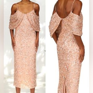 Badgley Mischka Off-the-Shoulder Sequin Dress Peony Pink size 0 gown wedding